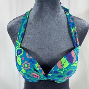 aerie Floral Halter Bikini Top in Blue, Green, Purple, Pink